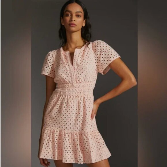 Anthropologie Pink The Somerset Eyelet Edition Tiered Mini Dress Size Medium - Picture 1 of 9